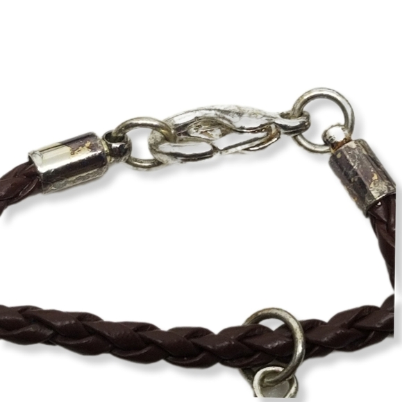 VERY LONG BROWN BRAIDED LEATHER & SILVERPLATED CROSS CHARMS NECKLACE - Picture 10 of 10